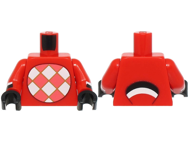 Lego Torso with White and Coral Checkered Stomach, Black and White Tail on Back Pattern / Red Arms with Black and White Feathers Pattern / Black Hands
