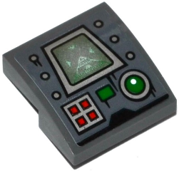 Lego Slope, Curved 2 x 2 x 2/3 with Silver Screen, 4 Red Buttons, Green Button, Green Light and 6 Rivets Pattern (Sticker) - Set 70601
