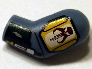 Lego Arm, Left with Bright Light Orange Shoulder Armor with Black Lines, Mandalorian Mythosaur Skull and Dark Green Gauntlet with Rocket Launcher Pattern / Sand Blue
