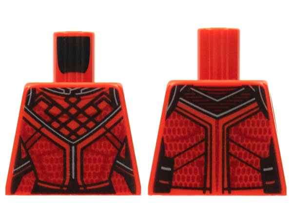 Lego Torso Tang, Ornate with Black Ribbing, Dark Red Trim Pattern / Red