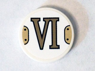 Lego Tile, Round 2 x 2 with Bottom Stud Holder with Gold Roman Numeral 6 'VI' Pattern (Sticker) - Set 75904 / White