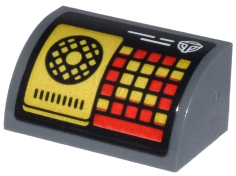 Lego Slope, Curved 1 x 2 with Bottom Stud Holder with Control Panel with Black Circle, Red and Gold Keypad and White Airport Shuttle Logo 'T' Pattern (Sticker) - Set 80036 / Dark Bluish Gray