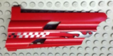 Lego Technic, Panel Fairing # 3 Large Long, Large Holes, Side A with Silver Flames and Fading Checkered Pattern (Sticker) - Set 8279 / Red