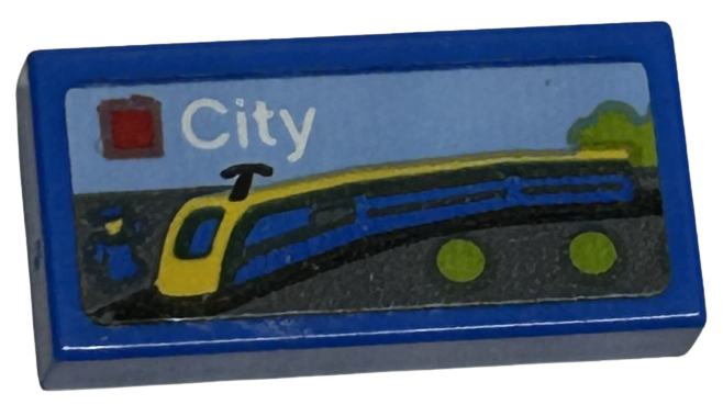 Lego Tile 1 x 2 with LEGO City Set Box Art, Blue and Yellow Train Pattern (Sticker) - Set 40574 / Blue