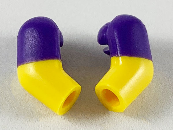 Lego Arm, (Matching Left and Right) Pair with Molded Dark Purple Short Sleeves  Pattern / Yellow