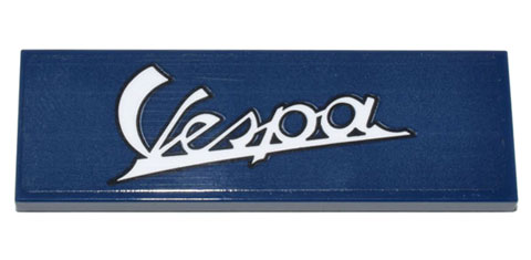 Lego Tile 2 x 6 with White Script Vespa Logo Pattern (Sticker) - Set 10298 / Dark Blue