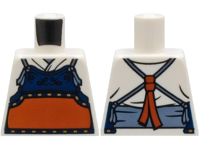 Lego Torso Robe with Dark Blue and Dark Orange Bogu Armor, Sand Blue Straps and Belt Pattern / White