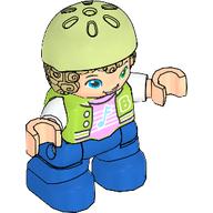 Lego Duplo Figure Child with Hair and Bike Helmet Yellowish Green, Blue Legs, Jacket, Music Note Print