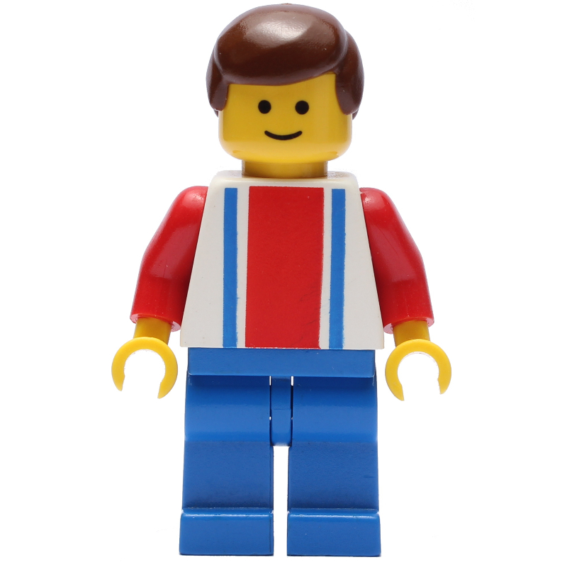 Lego Soccer Player White Torso, Blue/Res Stripes, Blue Legs, Brown Hair, #10