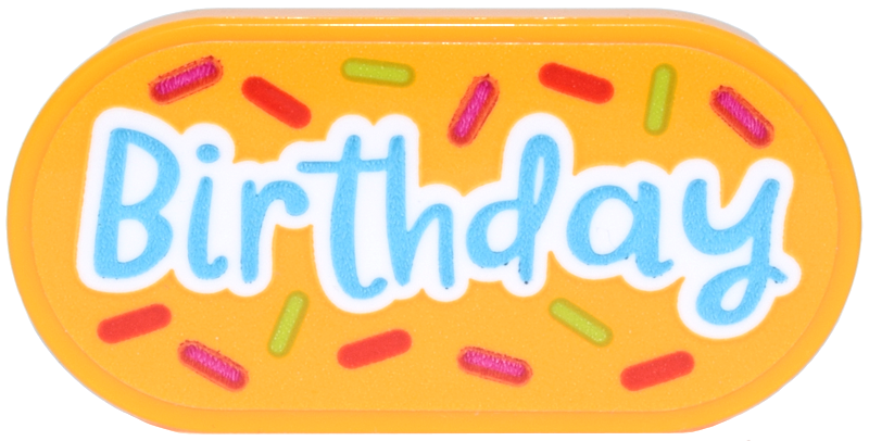 Lego Tile, Round 2 x 4 Oval with Medium Azure 'Birthday' with White Outline and Red, Magenta and Lime Confetti Pattern (Sticker) - Set 40871 / Bright Light Orange