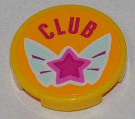 Lego Tile, Round 2 x 2 with 'CLUB' and Magenta Star on Butterfly Wings Pattern (Sticker) - Set 3063 / Yellow