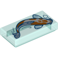Lego Tile 1 x 2 with Orange/White Fish (Koi) Print / Trans-Light Blue