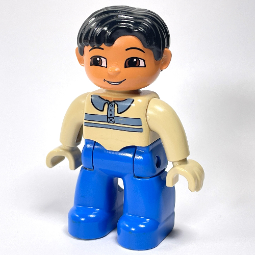 Lego Duplo Figure Side Parted Hair Black, with Blue Legs, Shirt with Collars Print, Brown Eyes, Tan Hands
