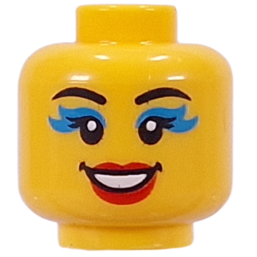 Lego Minifig Head Black Eyebrows, Dark Turquoise Eyeshadow, Red Lips, Open Mouth Smile / Scream / Yellow