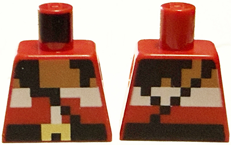 Lego Torso Pixelated Pirate Dress with White Hem, Black Hair, Strap and Belt with Gold Buckle, Medium Nougat Neck Pattern / Red