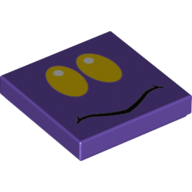 Lego Tile 2 x 2 with Yellow Eyes, Black Squiggly Mouth Print / Dark Purple