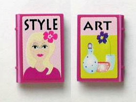 Lego Minifigure, Utensil Book 2 x 3 with 'STYLE', 'ART', Girl and Vases on Outside and Red Clothes and Woman in Dark Purple Skirt on Inside Pattern (Stickers) - Set 7586