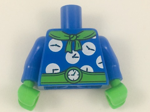 Lego Torso Batman Bright Green Scarf and Belt, White Clocks Pattern / Blue Arms with White Clocks Pattern / Bright Green Hands