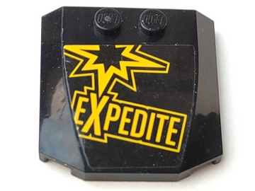 Lego Wedge 4 x 4 x 2/3 Triple Curved with Yellow 'EXPEDITE' Pattern (Sticker) - Set 60113 / Black