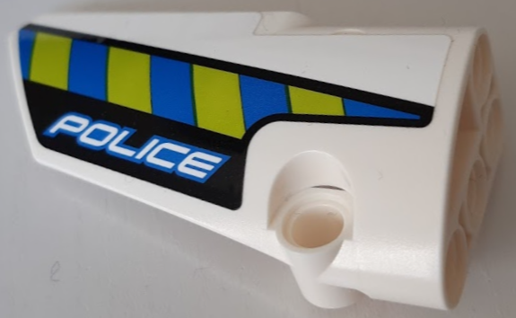 Lego Technic, Panel Fairing # 3 Small Smooth Long, Side A with Blue and Lime Diagonal Stripes and 'POLICE' Pattern (Sticker) - Set 42091 / White