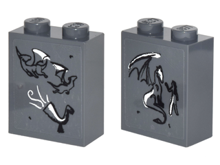Lego Brick 1 x 2 x 2 with Inside Stud Holder with 2 Dragons and Horn Front, 1 Dragon and Figure Back on Transparent Background Pattern (Stickers) - Set 41178