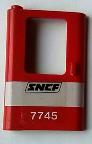 Lego Door 1 x 4 x 5 Train Left, Thin Support at Bottom with White Stripe and 'SNCF 7745' Pattern (Sticker) - Set 7745 / Red