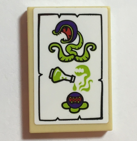 Lego Tile 2 x 3 with White Parchment, Flask, Lime Vapors and Dark Purple Carnivorous Plant Pattern (Sticker) - Set 41188 / Tan