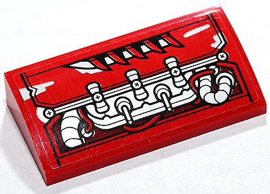Lego Slope, Curved 2 x 4 x 2/3 with Bottom Tubes with Silver Engine and Hood Vent Pattern Model Left Side (Sticker) - Set 80019 / Red