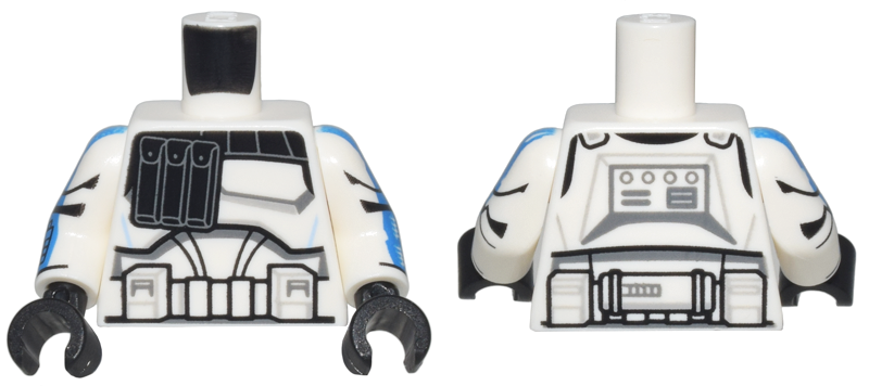Lego Torso SW Armor Captain Rex, Black Pouches and Detailed Belt Pattern (Clone Wars) / White Arms with Armor Panels, Worn Blue Stripes, and Tally Marks Pattern / Black Hands