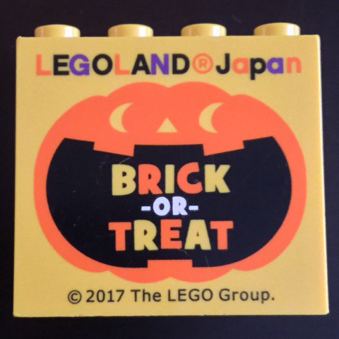 Lego Brick 2 x 4 x 3 with LEGOLAND Japan, 'BRICK-OR-TREAT', and Orange Jack O Lantern with Black Mouth Pattern / Yellow