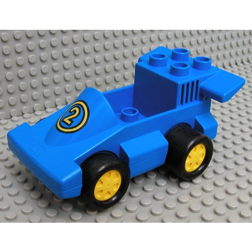 Lego Duplo Car Formula One with Blue Bottom and Yellow Number 2 Print / Red