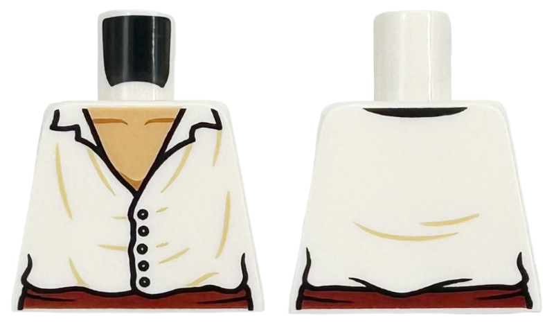 Lego Torso Shirt Open Collar with 5 Black Buttons, Dark Red Sash, Medium Tan Neck Pattern / White