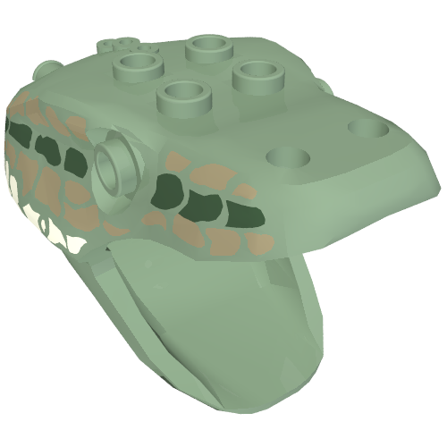Lego Animal Body Part, Snake / Serpent Head, Basilisk with Dark Green, Dark Tan, and Light Gray Scales Print / Sand Green