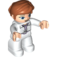 Lego Duplo Figure with Thick Short Hair Combed over Forehead and Bun Dark Orange, White Legs, White Lab Coat, Lavender Shirt / White