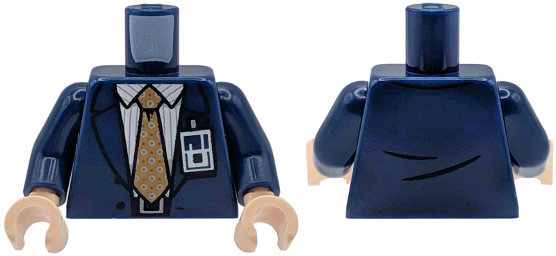 Lego Torso Suit Jacket Open with Buttons over White Shirt with Light Bluish Gray Stripes, Medium Nougat Dotted Tie, Black Belt with Silver Buckle, ID Badge Pattern / Dark Blue Arms / Light Nougat Hands