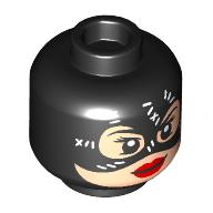 Lego Minifig Head Catwoman, Leather Mask, White Stitches, Red Lips Print / Black