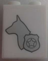 Lego Brick 1 x 2 x 2 with Inside Stud Holder with Silver Dog Head Silhouette and Police Badge Pattern Model Left Side (Sticker) - Set 60048 / White
