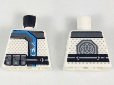 Lego Torso Ninja Robe with Silver and Dark Azure Trim, Ninjago Logogram 'ICE', Black Belt with Silver Pouches, Symbol on Back Pattern / White