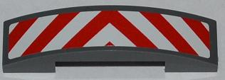 Lego Slope, Curved 4 x 1 x 2/3 Double with Red and White Danger Stripes Pattern (Sticker) - Set 60018 / Dark Bluish Gray