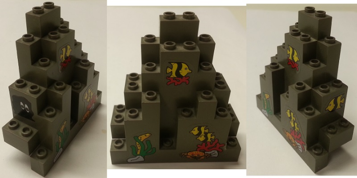 Lego Rock Panel 3 x 8 x 7 Triangular (LURP) with 4 Fish, Crab, Sea Grass, Eel and Black Blob Pattern (Stickers) - Set 6441 / Dark Gray