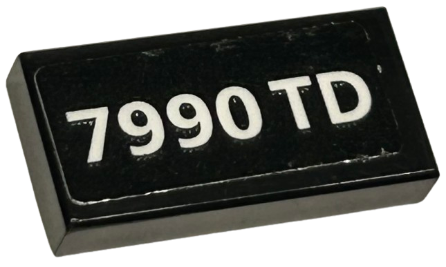 Lego Tile 1 x 2 with White '7990 TD' Font Type 1 Pattern (Sticker) - Sets 75953 / 75968 / Black
