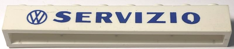 Lego Brick 1 x 8 without Bottom Tubes with Cross Side Supports with Blue Volkswagen Logo 'VW SERVIZIO' Sans-Serif Pattern / White