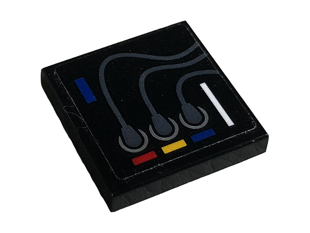 Lego Tile 2 x 2 with Gray Wires, Red, Yellow and Blue Buttons Pattern (Sticker) - Set 42096 / Black