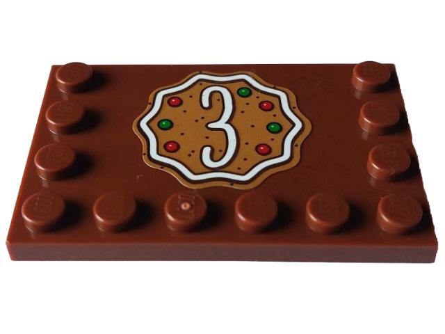 Lego Tile, Modified 4 x 6 with Studs on Edges with White Number 3, Red and Green Dots on Medium Nougat Cookie Pattern (Sticker) - Set 4002023