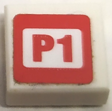 Lego Tile 1 x 1 with 'P1' in Red Square Pattern Model Left Side (Sticker) - Set 75872 / White