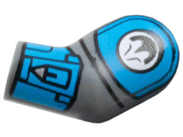 Lego Arm, Left with Dark Azure Shoulder and Cuff, Black Nite Owl Logo Pattern / Dark Bluish Gray