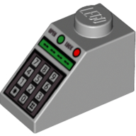 Lego Brick Sloped 45° 2 x 1 with Bottom pin, with Green and Red Buttons and Keypad Print / Light Bluish Gray