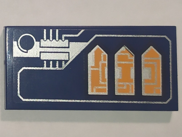 Lego Tile 2 x 4 with Silver Circuitry and Orange Arrows Pattern Model Right Side (Sticker) - Set 70351