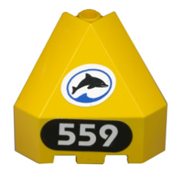 Lego Panel 3 x 3 x 3 Corner Convex with Black Dolphin in White Oval, White '559' on Black Background Pattern Model Right Side (Stickers) - Set 6559
