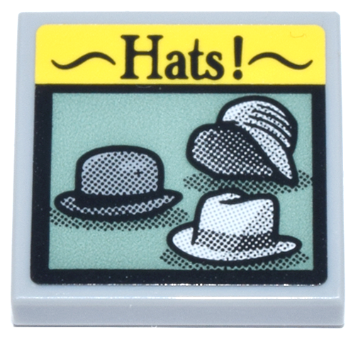 Lego Tile 2 x 2 with Yellow and Black Sign with 'Hats!' and 3 Light Bluish Gray and White Hats with Vintage Print Shading Pattern (Sticker) - Set 21347 / Light Bluish Gray